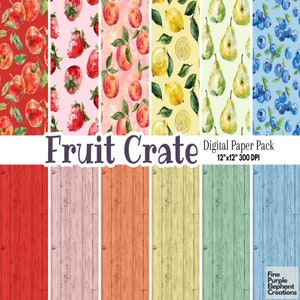 Papel digital de frutas de granja / Álbum de recortes con temática de verano Patrón imprimible de madera de colores campestres / Manzana, fresa, pera, arándano, limón y melocotón
