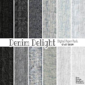 May include: A digital paper pack with 10 different denim textures in various shades of blue, gray, and black. The pack is 12x12 inches and 300 DPI.  The text "Denim Delight" is at the top of the image.