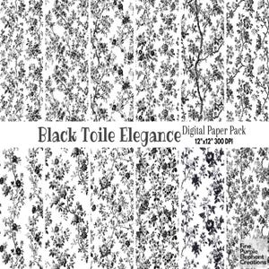 Carta digitale Black Toile Elegance / Delicato giardino floreale Chinoiserie Vintage Antique French Porcelain Ditsy Flower Printable Scrapbook