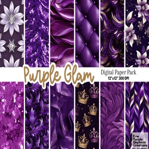 Papel digital Purple Glam / Patrón de álbum de recortes con purpurina de lujo / Textura con mechones reales / Sublimación de flores de diamante / Perlas de glamour femenino