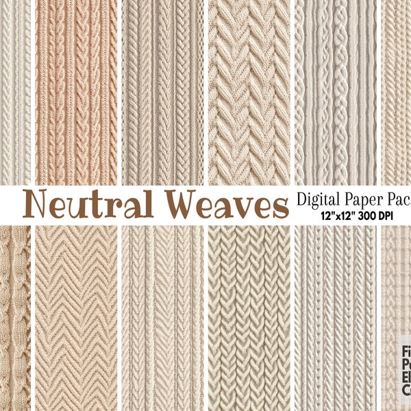 Neutral Knit Digital Paper | Beige Tan White Stitched Fabric Texture Sublimation | Autumn Fall Scrapbook | Cozy Wool Sweater Blanket Textile