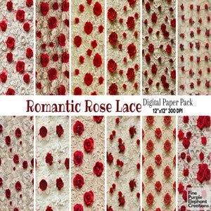 Papel Digital de Renda de Rosa Vermelha Romântica | Padrão de Scrapbook de Sublimação de Casamento Delicado | Textura de Tecido de Renda Floral Princesa Noiva Moderna