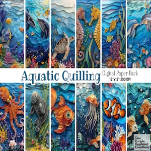 Unterwasser Quilling Muster Digitales Papier | Aquatische Tier Sublimation Scrapbook Textured Hintergrund | Ozean-Aquarium Meer Leben Fische Delfine