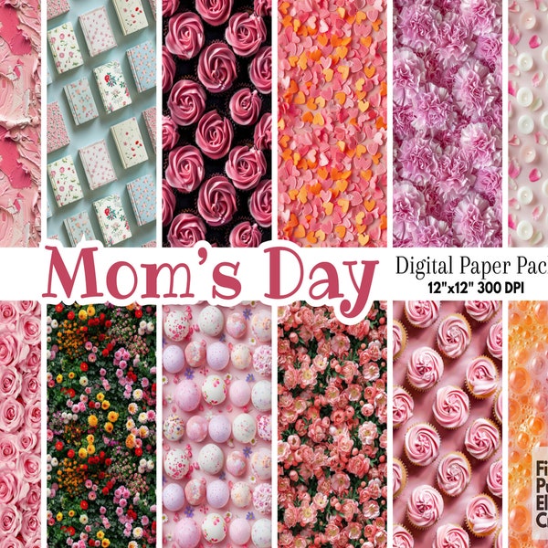 Mother's Day Texture Digital Paper | Mom Love Card Sublimation Scrapbook Pattern | Spring Flower Floral Spa Reading Cupcake Mommy Relax Book