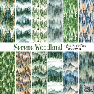 Carta digitale per acquerello Mountain Forest / Modello per album di ritagli con sublimazione di alberi verdi / Parco nazionale Northwest Summer Woods Evergreen Pines