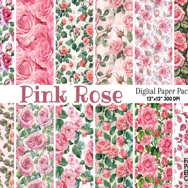 Pink Roses Flower Digital Paper | Mother Valentine Sublimation Scrapbook Pattern | Spring Summer Floral Tea Party Time Shabby Chic Garden