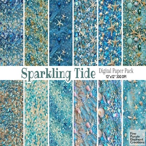 Papel digital Chunky Ocean Glitter - Praia Aqua Blue Scrapbook Fundo Conchas de lantejoulas Sublimação - Padrão de textura submarina Ombre Glam