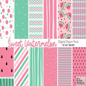 May include: A digital paper pack with a "Sweet Watermelon" theme. The pack includes various patterns in pink, green, and white, featuring polka dots, stripes, watermelon slices, and a plaid design. The paper is 12"x12" and 300 DPI.