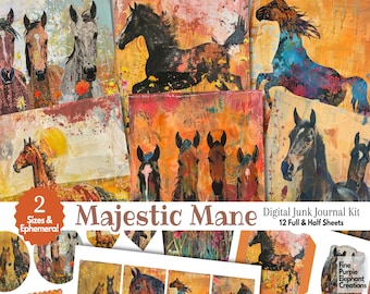 May include: A digital junk journal kit titled "Majestic Mane" featuring abstract art of horses in various poses and colors. The kit includes 12 full and half sheets, with sizes and ephemera options.