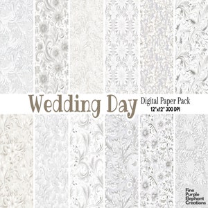 Weiße Hochzeit Flourish Digitales Papier | Damast filigrane Blumen Motiv Sublimation | Elegantes Blumenspitze-Muster Florentiner Braut Sammelalbum