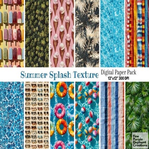 May include: A digital paper pack with 12 summer-themed patterns. The patterns include ice cream cones, palm trees, sunglasses, pool floats, beach towels, and water ripples. The pack is 12 inches by 12 inches and 300 DPI.