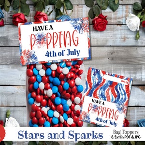 Fuegos artificiales 4 de julio imprimible bolsa de regalo topper tarjeta -verano feliz cuarto día de la independencia fiesta favor panadero caramelo regalo petardo bengala