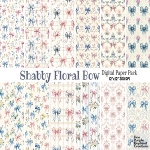 Shabby Chic Pastell kokett Schleife Blumen Digital Papier | Sublimations-Sammelalbum-Muster | Frühlings-Blumen-niedlicher zierlicher Tapeten-Weinlese-Damast