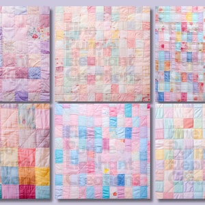 May include: A patchwork quilt featuring a range of pastel colours and floral patterns. The quilt is composed of numerous small squares stitched together.