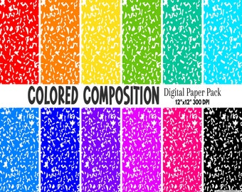 May include: A digital paper pack with 12 different coloured backgrounds. Each background has a white, speckled pattern. The colours are red, orange, yellow, green, turquoise, blue, purple, pink, and black. The text "COLORED COMPOSITION" is at the top of the image. The text "Digital Paper Pack 12"x"12" 300 DPI" is at the top right of the image. The text "Fine Purple Elephant Creations" is at the bottom right of the image.