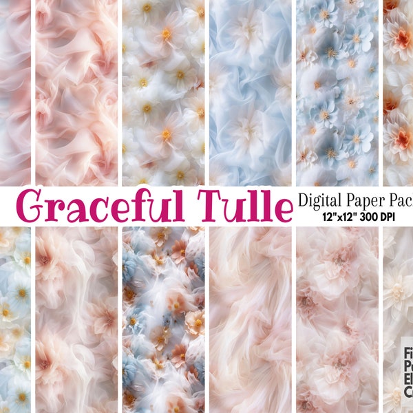 Tulle Party Dress Digital Paper | Flower Ballerina Sublimation | Elegant Floral Lace Fabric Texture Pattern | Whimsical Princess Scrapbook