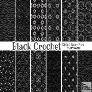 Schwarzes gehäkeltes digitales Papier | Weiß Floral Oma Quadrate Afghan genäht Stoff Textur Sublimation Sammelalbum | Retro Wolldecke Textil