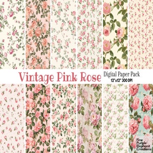 Carta digitale con fiori di rose rosa vintage / Delicato motivo per album di ritagli con stampa a sublimazione madre shabby chic / Diario spazzatura con festa del tè con giardino floreale