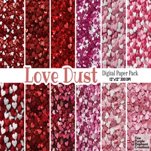 Papel digital com glitter Chunky Heart | Sublimação de textura Valentines Day | Álbum de recortes elegante e glamouroso rosa e vermelho | Lantejoulas finas com brilho metálico