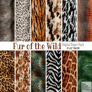 Papel digital de pele de animais selvagens | Sublimação de textura de pele de pelos de animais selvagens | Álbum de recortes de safári no zoológico | Estampa de tigre exótica, listra de zebra, cobra