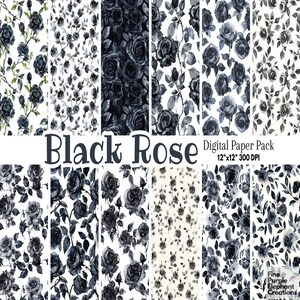 Papel digital aquarela flor rosa preta | Padrão de scrapbook de sublimação gótico noir de Halloween | Diário de lixo elegante de romance de vampiro escuro