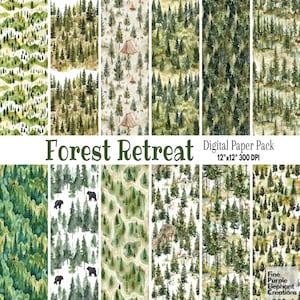 Carta digitale per campeggio nella foresta con acquerello / Modello per album di ritagli con sublimazione di alberi verdi / Parco nazionale dei boschi estivi Orso Cervo Alce Sempreverdi