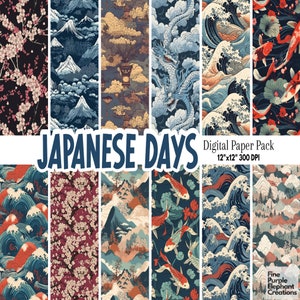 Ilustrações japonesas Papel digital | Papel de scrapbook inspirado no Japão | Sublimação de montanha Koi Nature | Fundos de flores de cerejeira Sakura