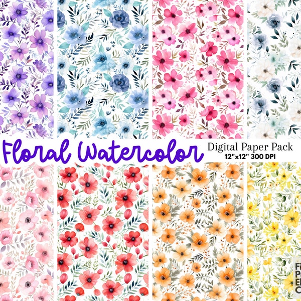 Floral Watercolor Digital Paper | Flower Sublimation | Printable Scrapbook Pattern | Pastel Flower Paper Pack | Spring Floral Backgrounds