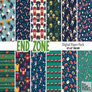 May include: A digital paper pack with 10 different football themed patterns. The patterns include football helmets, footballs, jerseys, and stars. The text "END ZONE" and "Digital Paper Pack 12"x12" 300 DPI" is included in the image.