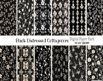 Czarny zniszczony papier cyfrowy Cottagecore - Shabby Chic Regency Era Wiktoriański Pastelowy album w stylu adamaszkowym Sublimacja Elegancki rokoko Bridgerton