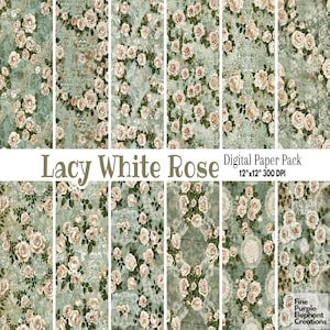 Carta digitale vintage con pizzo di rose bianche / Delicato motivo romantico per album di ritagli con sublimazione / Distressed Retro Floral Shabby Chic Junk Journal