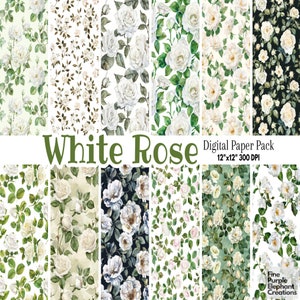 Aquarell Weiße Rose Blume Digitales Papier | Elegantes zartes Hochzeits-Sublimations-Sammelalbum-Muster | Bauernhaus Garten Romantik Junk Journal