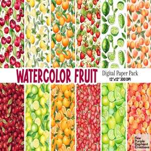Aquarel fruit digitaal papier | Citrus plakboek zomer aardbei sublimatie achtergrond half gesneden perzik sinaasappel limoen kers citroen foodie