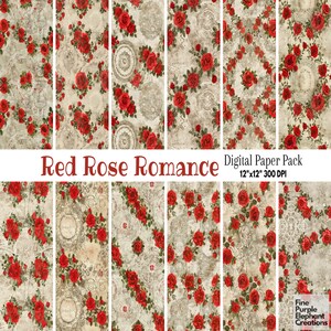Carta digitale vintage con pizzo di rose rosse / Delicato motivo romantico per album di ritagli con sublimazione / Distressed Retro Floral Shabby Chic Junk Journal