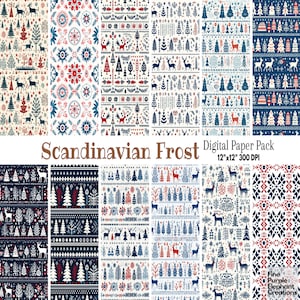 May include: A digital paper pack containing 12 Scandinavian-inspired Christmas patterns. The patterns feature red, blue and white colours and include reindeer, snowflakes, trees and geometric designs. The pack is 12 inches by 12 inches and 300 DPI.