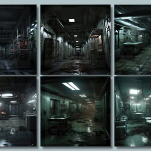 May include: Six images of a dark, abandoned hospital hallway with dirty floors and peeling paint. The hallway is lit by fluorescent lights and has a medical cart and a gurney in the foreground.