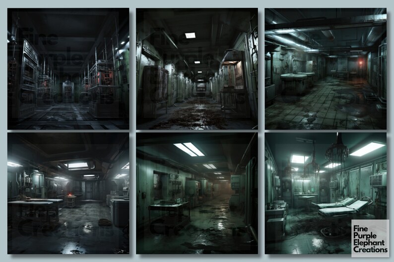 May include: Six images of a dark, abandoned hospital hallway with dirty floors and peeling paint. The hallway is lit by fluorescent lights and has a medical cart and a gurney in the foreground.