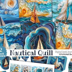 Ocean Sailing Quilling Digital Junk Journal Kit halbe Seite - Printable Scrapbook Collage Sublimation - 3D strukturierter Hintergrund Piratenschiff Boot