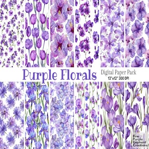 Papel digital aquarela flor roxa | Padrão elegante de scrapbook de sublimação real | Violeta Lilás Pastel Jardim Amor Romance Junk Journal