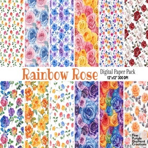 Carta digitale con fiori di rosa arcobaleno ad acquerello / Modello di album per sublimazione con orgoglio colorato / Gioioso giardino romantico brillante e audace
