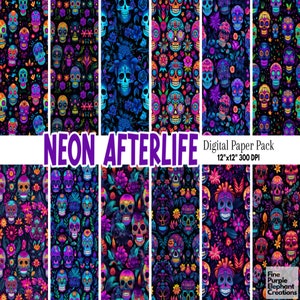 Papel digital neón del Día de los Muertos / Patrón para álbum de recortes del Día de los Muertos / Sublimación de calaveras de azúcar / Cultura mexicana / Esqueletos vudú