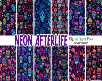 Neon Day of the Dead Digital Paper | Día de Los Muertos Scrapbook Pattern | Sugar Skulls Sublimation | Mexican Culture | Voodoo Skeletons