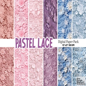 Pastell Spitze Digitales Papier | Zart farbiger Hintergrund | Elegante Hochzeit Sublimation | Babyparty Sammelalbum | Niedliches rosa druckbares Spitzenmuster