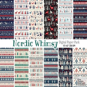 Puede incluir: Un paquete de papel digital con 12 patrones diferentes con un tema invernal escandinavo. Los patrones incluyen copos de nieve, renos, árboles y diseños geométricos en rojo, azul, verde y blanco.