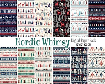 Nordic Fair Isle Digital Paper | Christmas Holiday Sublimation | Winter Scrapbook | Scandinavian Folk Forest | Ugly Sweater Rushnik Pattern