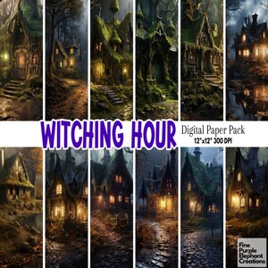 May include: Digital paper pack featuring eight vertical illustrations of whimsical, moss-covered cottages with glowing windows and doors. The text "Witching Hour" is displayed in purple, along with "Digital Paper Pack 12"x12" 300 DPI".