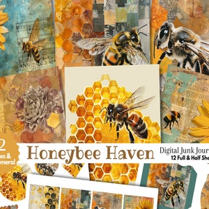 Sunflower Bees Digital Junk Journal Kit halve pagina | Honey Hive bloem bloemen afdrukbare plakboekcollage | Vintage noodlijdende gemengde techniek