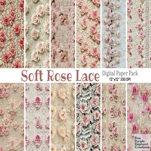 Vintage rosa Rose Digitales Papier mit Spitze | Zarte Hochzeit Sublimation Scrapbook Muster | Blumenspitze Stoff Textur Prinzessin Bauernhaus Braut