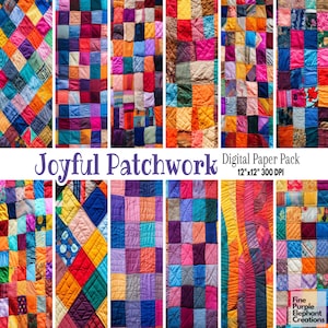 Peut inclure: Un pack de papier numérique avec 12 motifs de patchwork de courtepointe colorés. Chaque motif mesure 12x12 pouces et 300 DPI. Les motifs sont parfaits pour le scrapbooking, la fabrication de cartes et autres projets d'artisanat. Joyful Patchwork Digital Paper Pack 12"x12" 300 DPI Fine Purple Elephant Creations