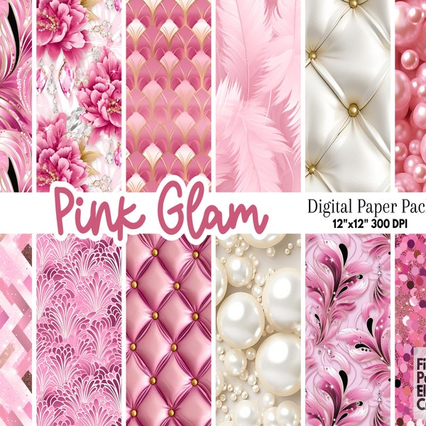 Pink Glam Digital Paper | Luxury Glitter Scrapbook Pattern | Royal Tufted Texture | Diamond Flower Sublimation | Feminine Glamour Pearls